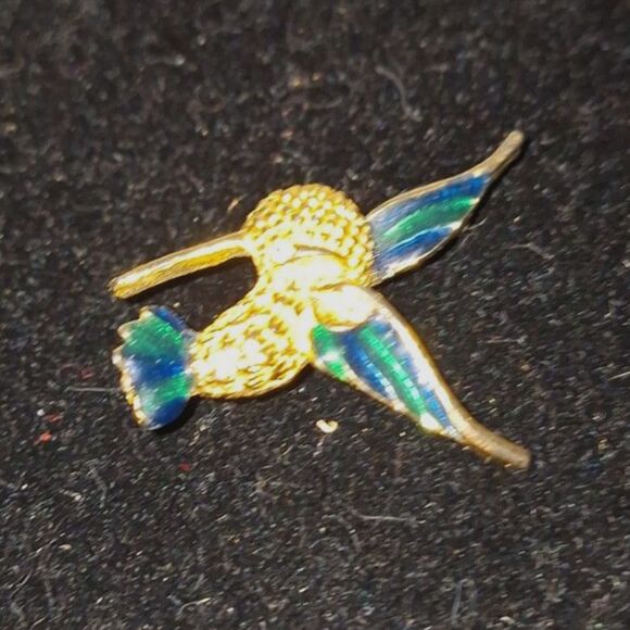 Enameled Vintage Hummingbird Pin Gold Tone Rhinestone Grandmacore Gift - Picture 2 of 8